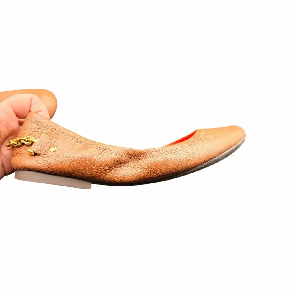 Lauren Ralph Lauren BARB Leather Chain Ballet Flats Tan Gold Hardware 9.5B